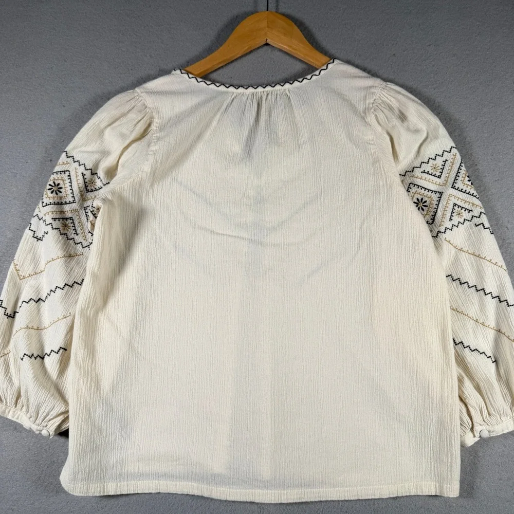 Madewell MD132 Cream Embroidered‎ Cotton Crinkle Gauze Peasant Blouse XS SP21